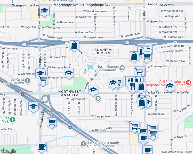 map of restaurants, bars, coffee shops, grocery stores, and more near 1975 West Ebbtide Way in Anaheim