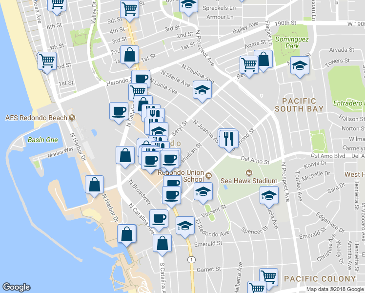 map of restaurants, bars, coffee shops, grocery stores, and more near 610 North Guadalupe Avenue in Redondo Beach