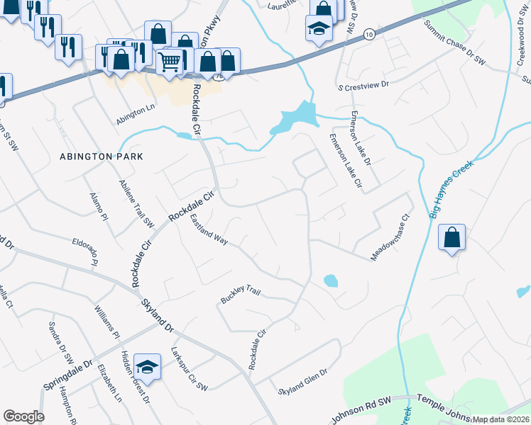 map of restaurants, bars, coffee shops, grocery stores, and more near 2910 Flintrock Way in Snellville