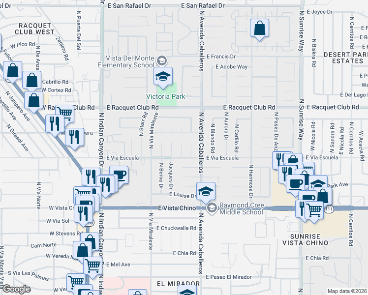 map of restaurants, bars, coffee shops, grocery stores, and more near 2160 North Roberto Drive in Palm Springs