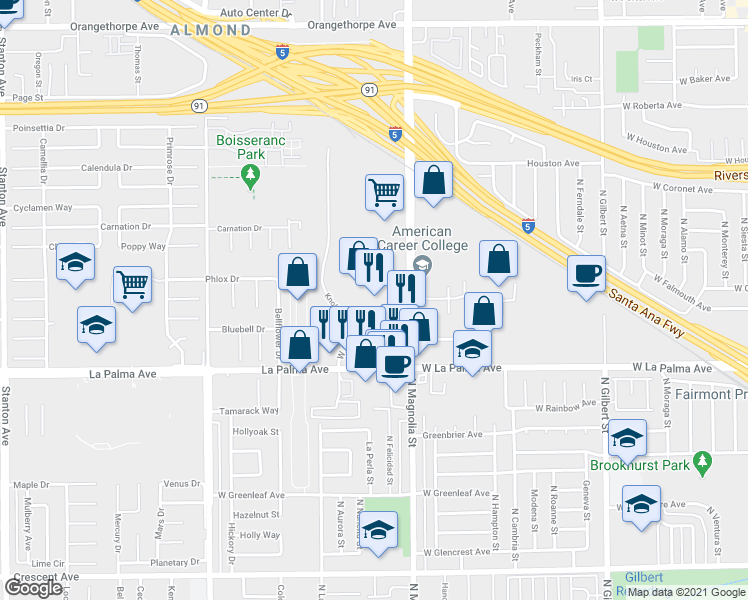 map of restaurants, bars, coffee shops, grocery stores, and more near 2621 West Woodland Drive in Anaheim