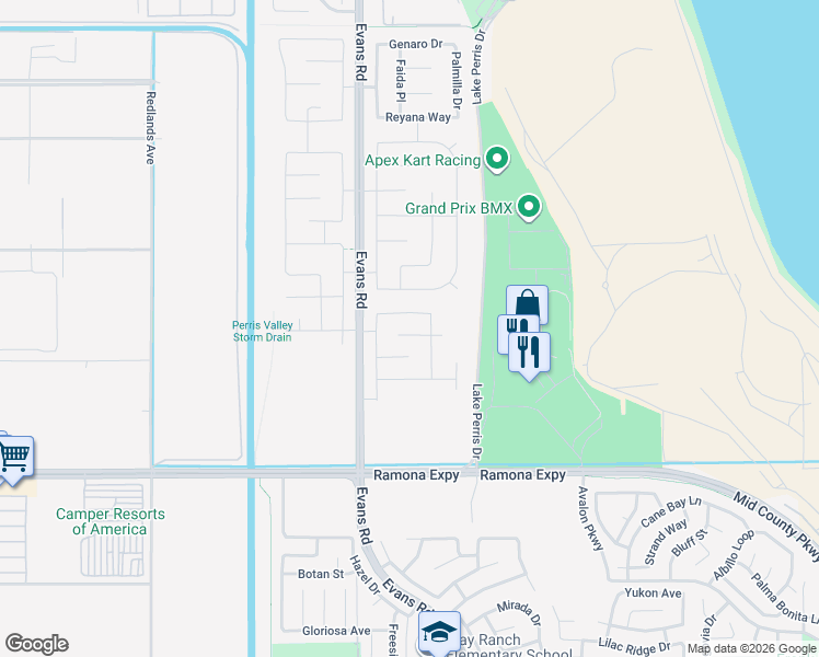map of restaurants, bars, coffee shops, grocery stores, and more near 846 Sandie Court in Perris
