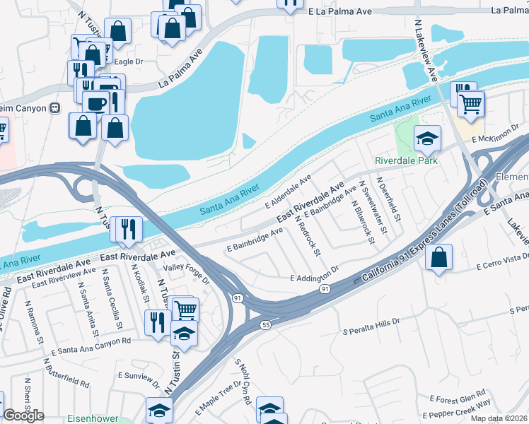 map of restaurants, bars, coffee shops, grocery stores, and more near 4207 East Riverdale Avenue in Anaheim