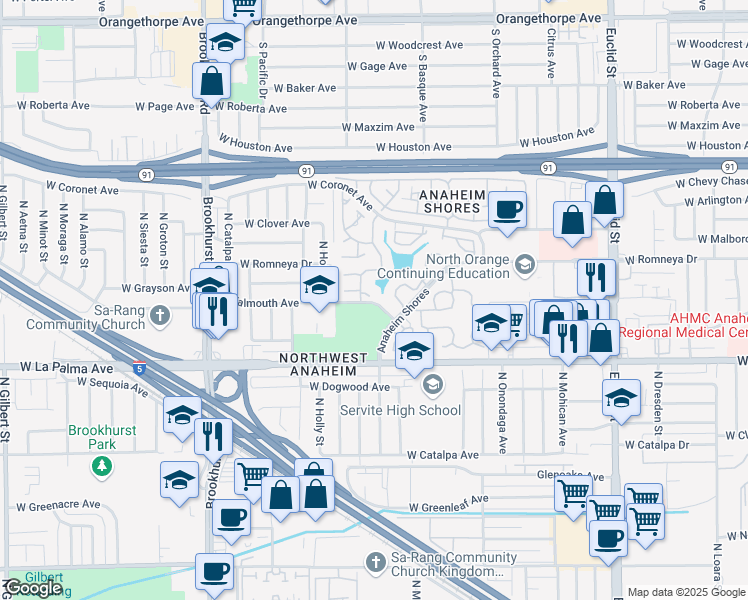 map of restaurants, bars, coffee shops, grocery stores, and more near 1861 West Falmouth Avenue in Anaheim