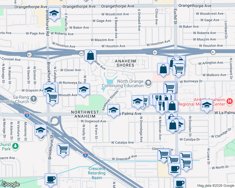 map of restaurants, bars, coffee shops, grocery stores, and more near 1975 West Ebbtide Way in Anaheim