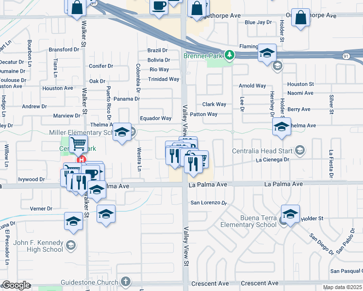 map of restaurants, bars, coffee shops, grocery stores, and more near 7777 Valley View Street in La Palma