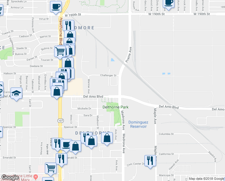 map of restaurants, bars, coffee shops, grocery stores, and more near 3401 Del Amo Boulevard in Torrance