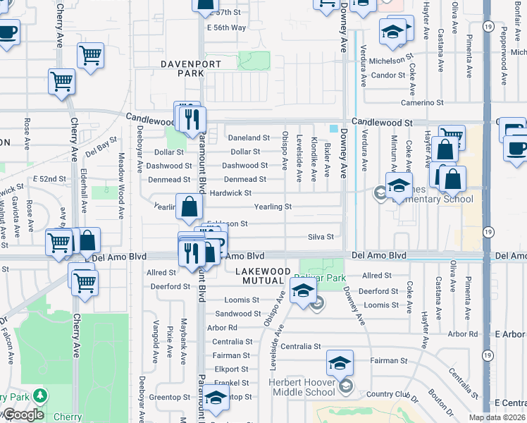 map of restaurants, bars, coffee shops, grocery stores, and more near 2912 Yearling Street in Lakewood