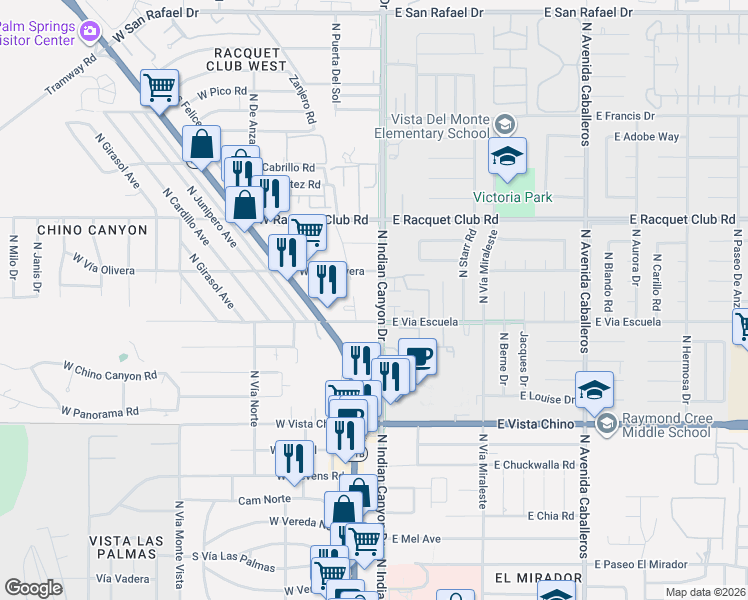 map of restaurants, bars, coffee shops, grocery stores, and more near 2150 North Zanjero Road in Palm Springs