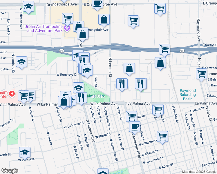 map of restaurants, bars, coffee shops, grocery stores, and more near 1129 South Lemon Street in Anaheim