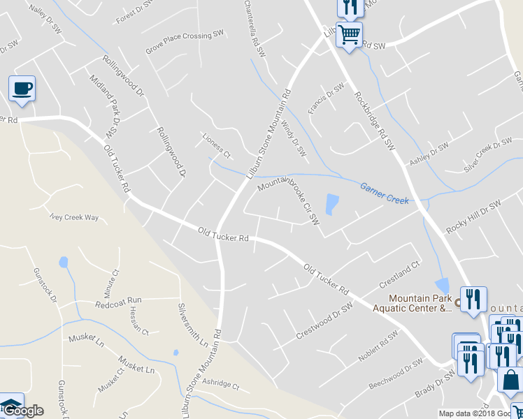 map of restaurants, bars, coffee shops, grocery stores, and more near 5647 Mountainbrooke Court in Stone Mountain