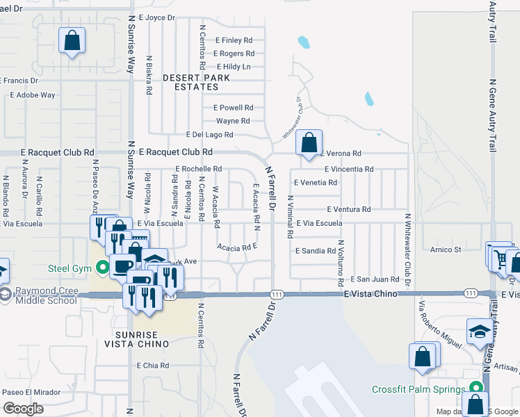 map of restaurants, bars, coffee shops, grocery stores, and more near 2200 East Acacia Road North in Palm Springs