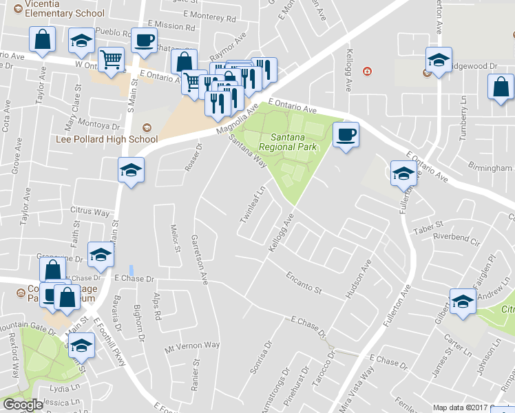 map of restaurants, bars, coffee shops, grocery stores, and more near 2655 Twinleaf Lane in Corona