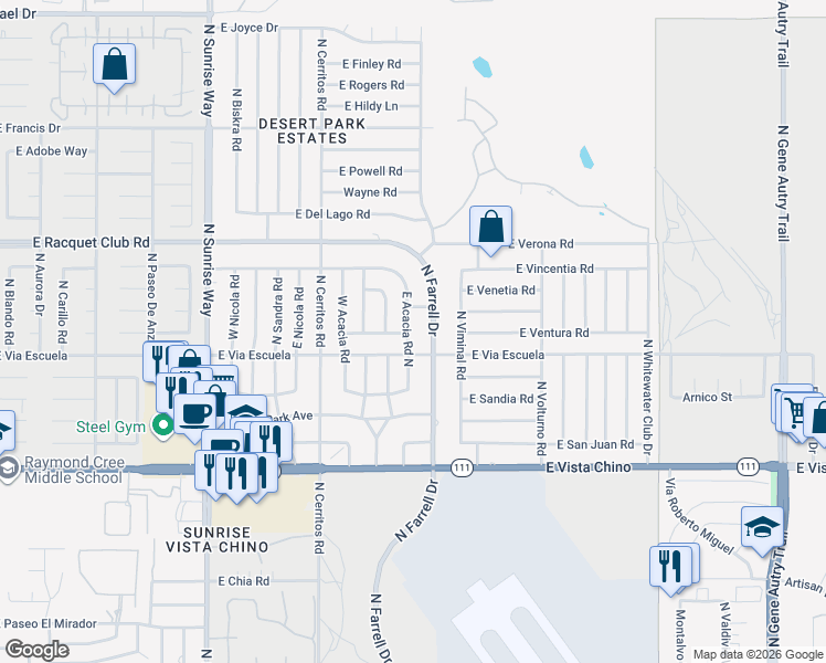 map of restaurants, bars, coffee shops, grocery stores, and more near 2140 Acacia Road East in Palm Springs