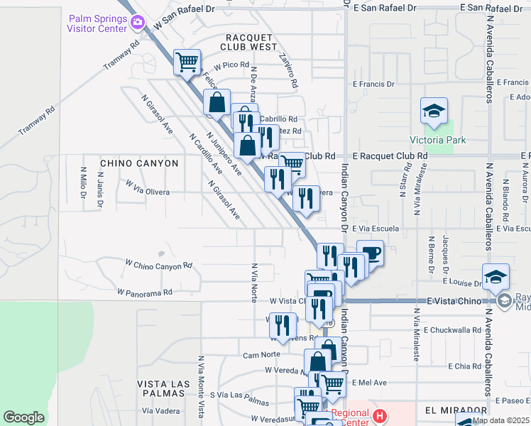 map of restaurants, bars, coffee shops, grocery stores, and more near 2121a North Junipero Avenue in Palm Springs