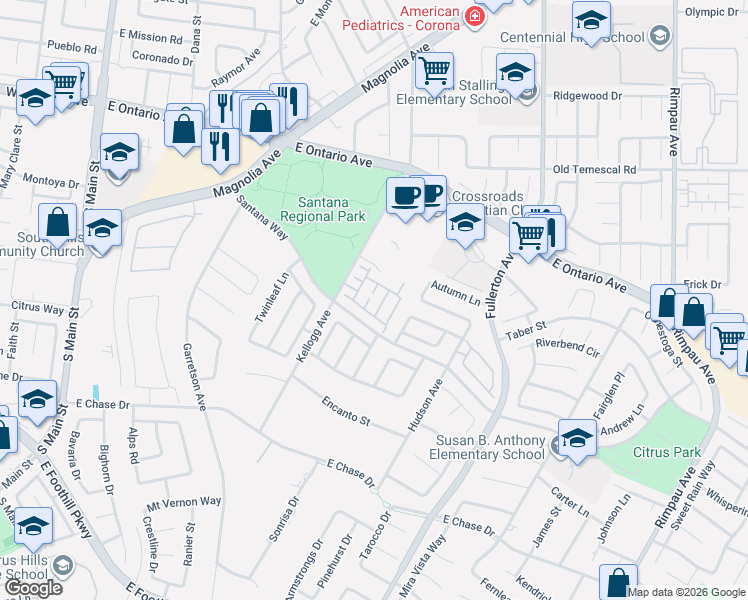 map of restaurants, bars, coffee shops, grocery stores, and more near 2610 Via Caceres in Corona