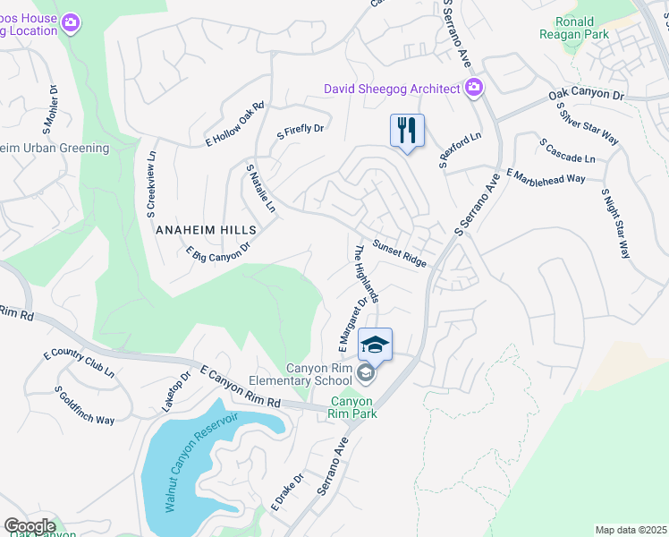 map of restaurants, bars, coffee shops, grocery stores, and more near 7728 East Misty Glen Court in Anaheim