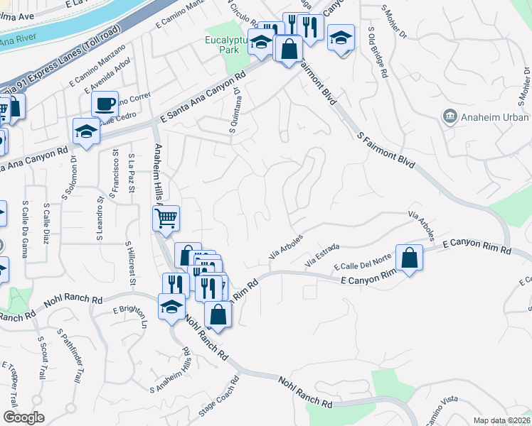 map of restaurants, bars, coffee shops, grocery stores, and more near 6240 East Fox Glen Drive in Anaheim