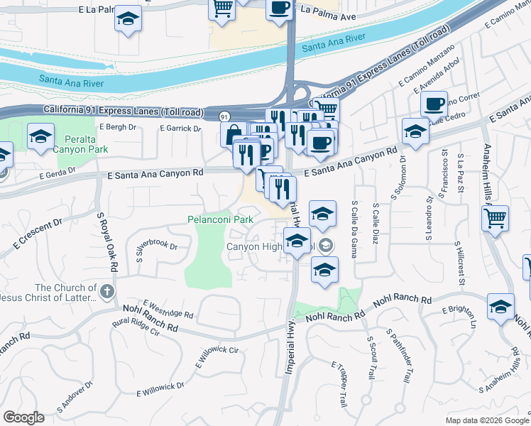 map of restaurants, bars, coffee shops, grocery stores, and more near 5560 East Vista Del Rio in Anaheim