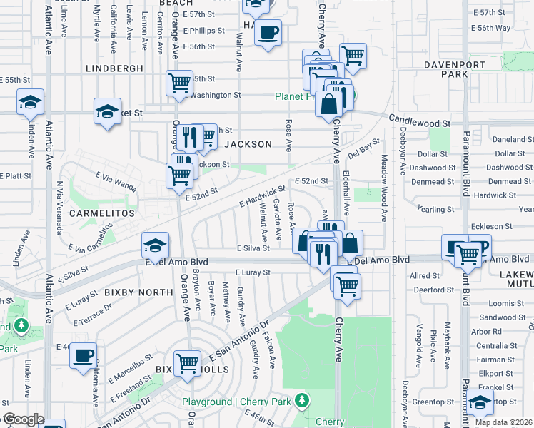 map of restaurants, bars, coffee shops, grocery stores, and more near 5065 Gaviota Avenue in Long Beach