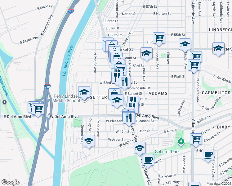 map of restaurants, bars, coffee shops, grocery stores, and more near 15 West 51st Street in Long Beach