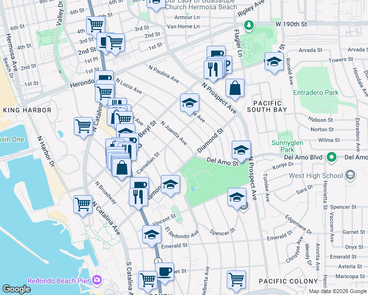 map of restaurants, bars, coffee shops, grocery stores, and more near 517 North Juanita Avenue in Redondo Beach