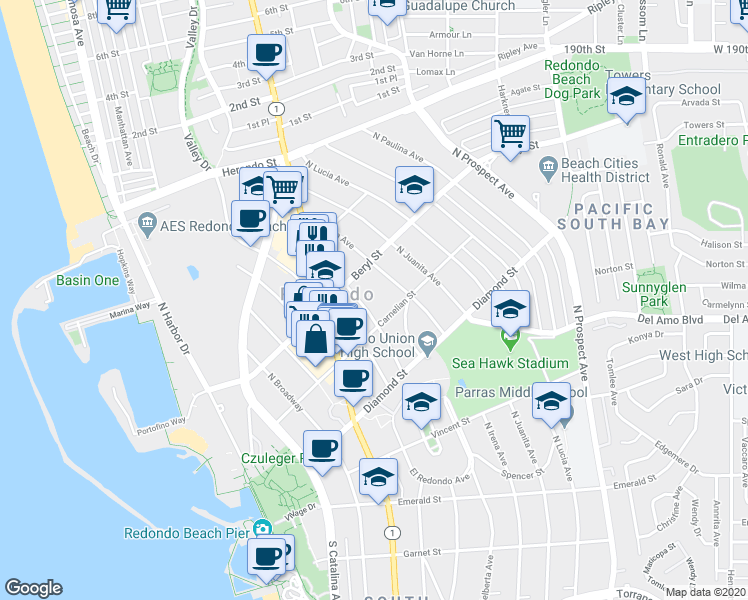 map of restaurants, bars, coffee shops, grocery stores, and more near 715 Carnelian Street in Redondo Beach