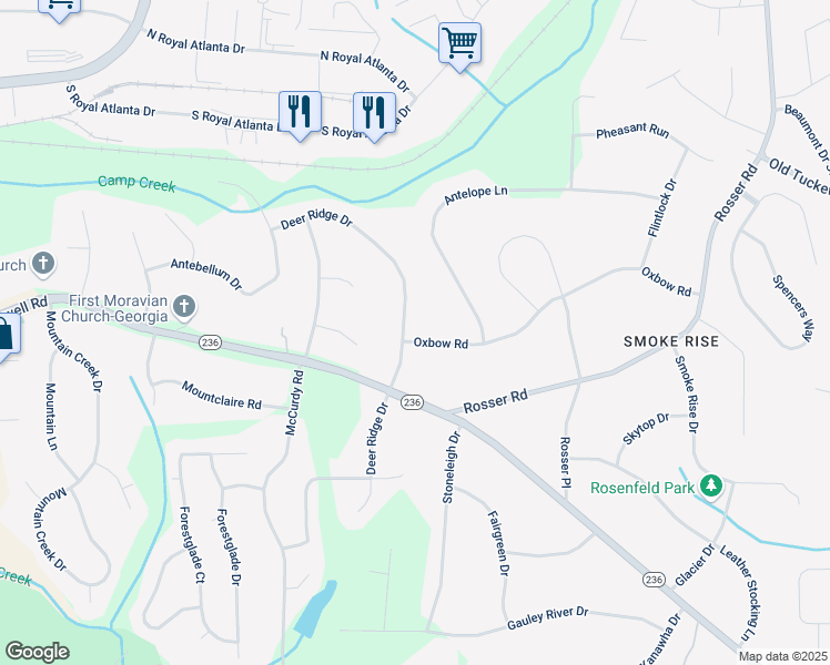 map of restaurants, bars, coffee shops, grocery stores, and more near 5170 Oxbow Road in Stone Mountain