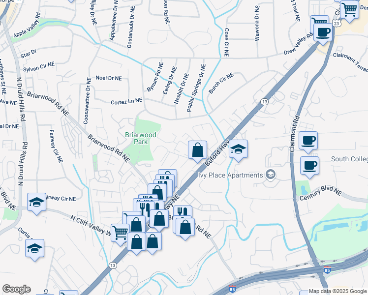 map of restaurants, bars, coffee shops, grocery stores, and more near 3506 Buford Highway Northeast in Atlanta