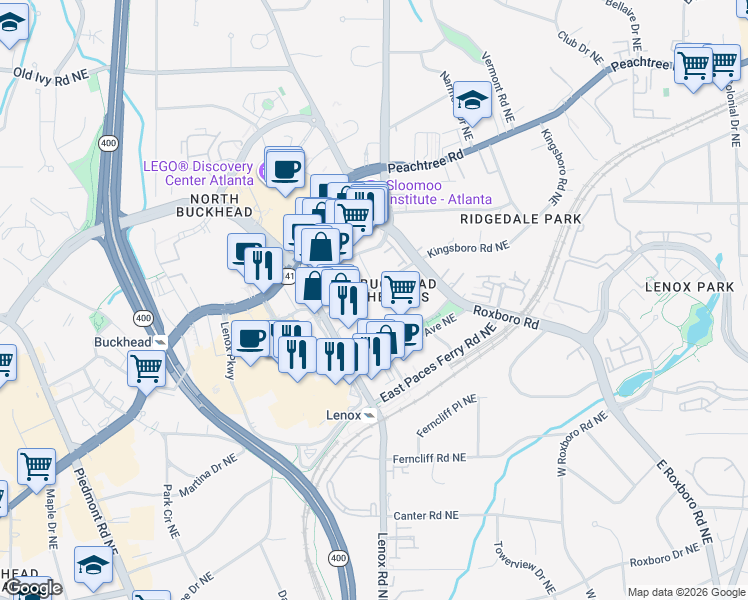 map of restaurants, bars, coffee shops, grocery stores, and more near 3435 Kingsboro Road Northeast in Atlanta