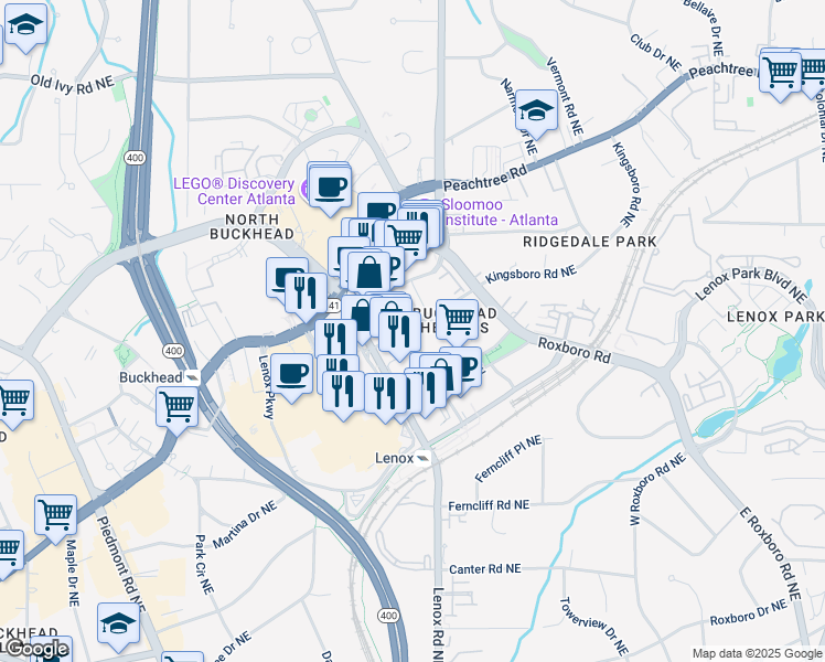map of restaurants, bars, coffee shops, grocery stores, and more near 3460 Lakeside Drive Northeast in Atlanta