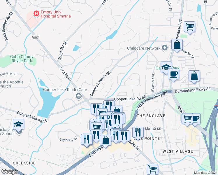 map of restaurants, bars, coffee shops, grocery stores, and more near 4228 Laurel Creek Court Southeast in Smyrna