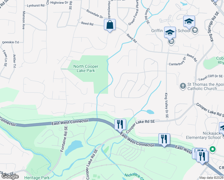 map of restaurants, bars, coffee shops, grocery stores, and more near 1093 Queensgate Drive Southeast in Smyrna