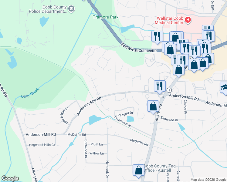 map of restaurants, bars, coffee shops, grocery stores, and more near 2090 Anderson Mill Road in Austell