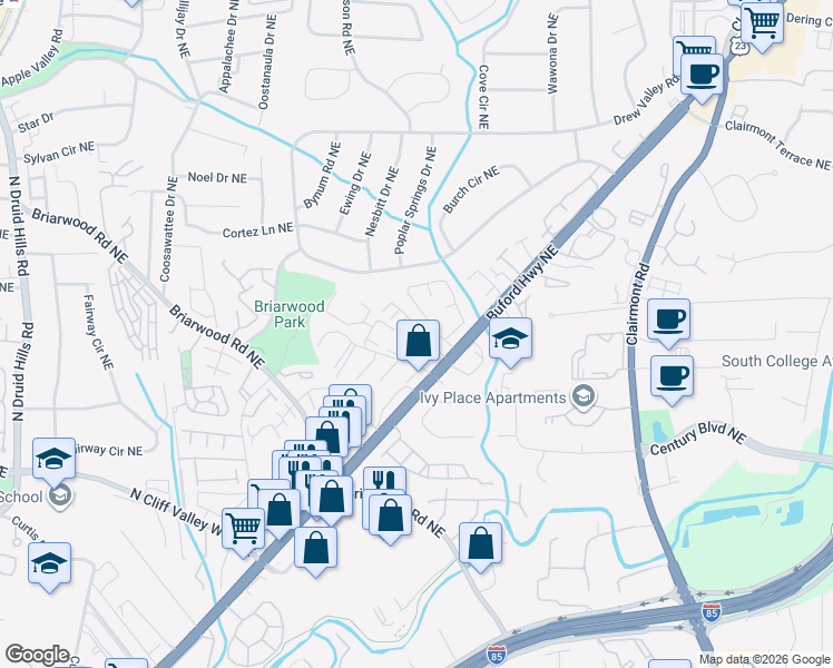 map of restaurants, bars, coffee shops, grocery stores, and more near 3524 Buford Highway Northeast in Atlanta