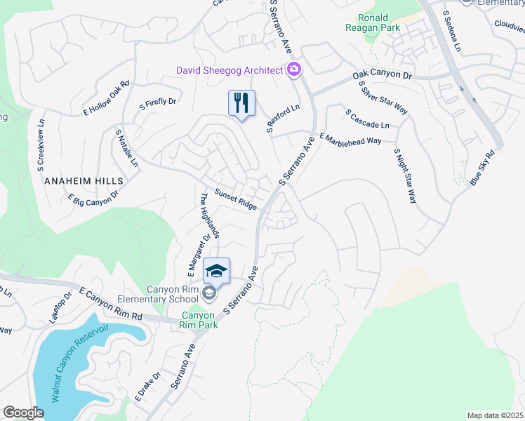 map of restaurants, bars, coffee shops, grocery stores, and more near S Serrano Ave & Sunset Ridge in Anaheim