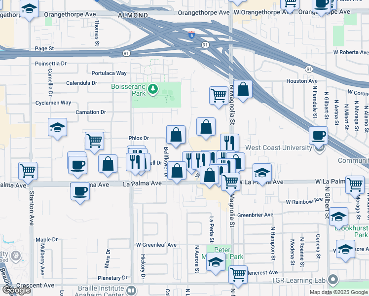 map of restaurants, bars, coffee shops, grocery stores, and more near 8735 La Palma Avenue in Buena Park