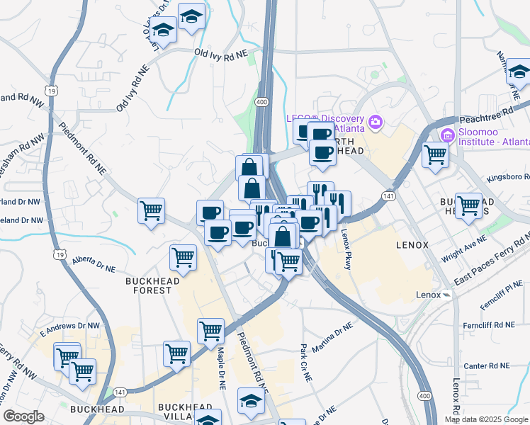 map of restaurants, bars, coffee shops, grocery stores, and more near 3354 Peachtree Road in Atlanta