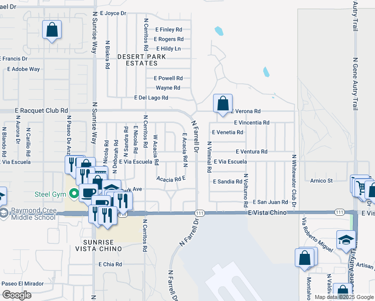 map of restaurants, bars, coffee shops, grocery stores, and more near 2140 Acacia Road East in Palm Springs