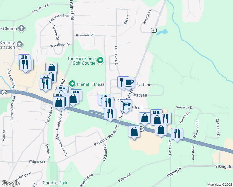 map of restaurants, bars, coffee shops, grocery stores, and more near 366 Golden Eagle Circle in Jasper