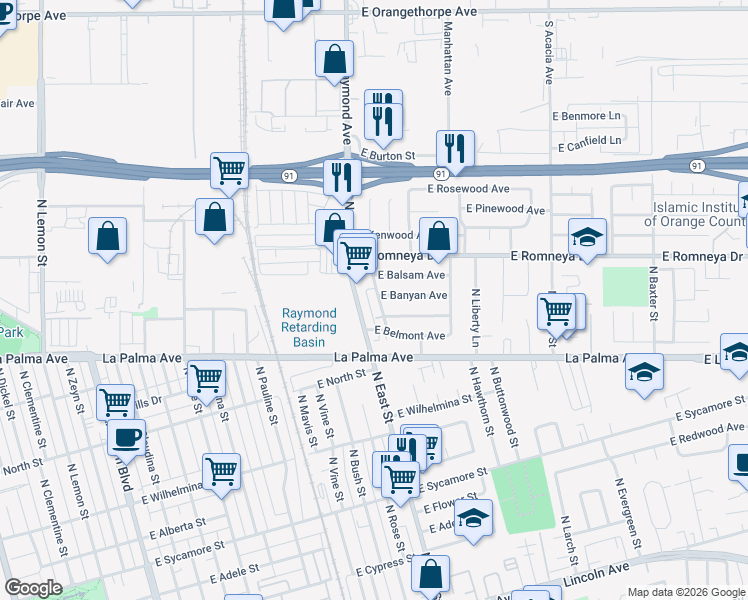 map of restaurants, bars, coffee shops, grocery stores, and more near 1129 North Briarwood Street in Anaheim