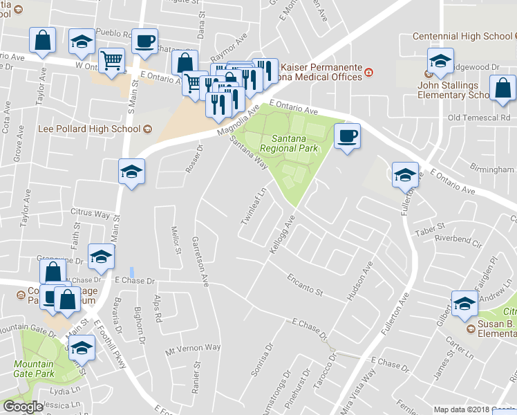 map of restaurants, bars, coffee shops, grocery stores, and more near 2655 Twinleaf Lane in Corona