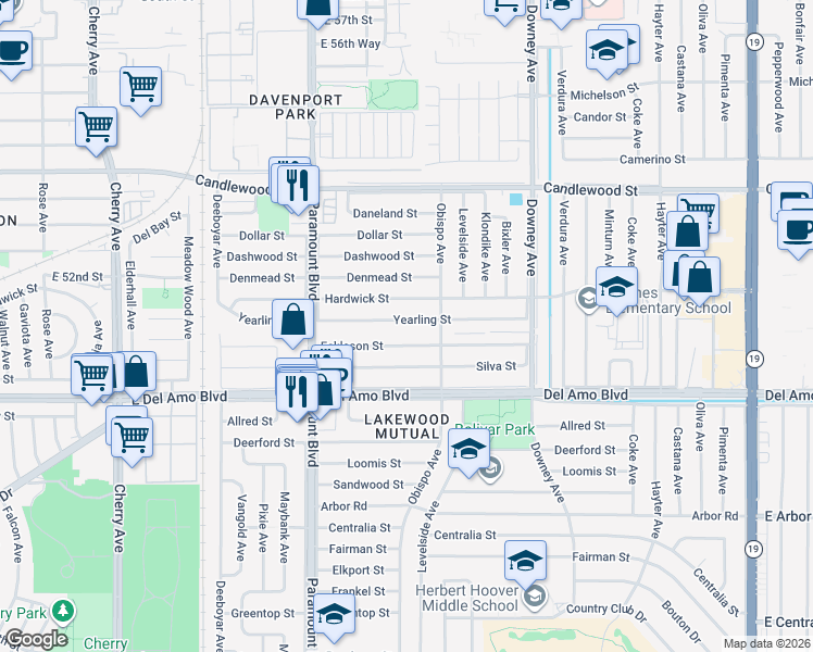 map of restaurants, bars, coffee shops, grocery stores, and more near 2912 Yearling Street in Lakewood