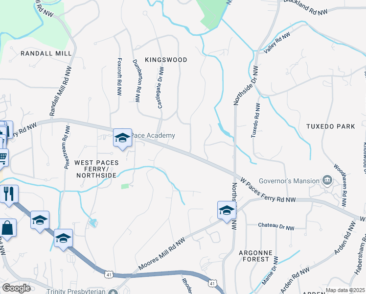 map of restaurants, bars, coffee shops, grocery stores, and more near 758 West Paces Ferry Road Northwest in Atlanta