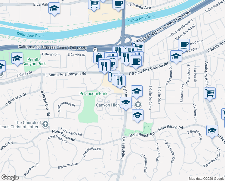 map of restaurants, bars, coffee shops, grocery stores, and more near 5560 East Vista Del Rio in Anaheim