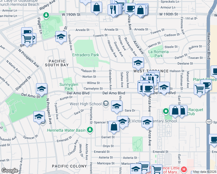 map of restaurants, bars, coffee shops, grocery stores, and more near 5305 Carmelynn Street in Torrance
