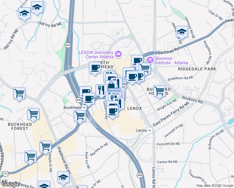 map of restaurants, bars, coffee shops, grocery stores, and more near Peachtree Road in Atlanta