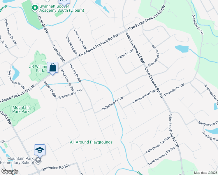map of restaurants, bars, coffee shops, grocery stores, and more near 1362 Stephens Street Southwest in Lilburn