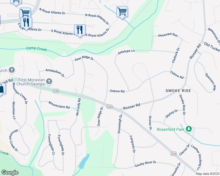 map of restaurants, bars, coffee shops, grocery stores, and more near 5170 Oxbow Road in Stone Mountain