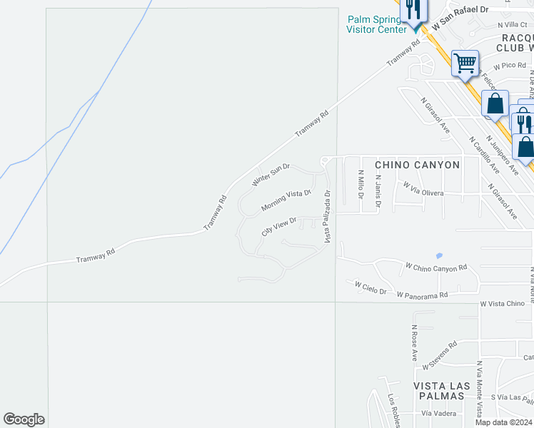 map of restaurants, bars, coffee shops, grocery stores, and more near 2367 Morning Vista Drive in Palm Springs